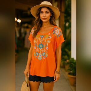 NWT Solitaire Orange Embroidered Boho Blouse L Festival Floral Artisan Peasant